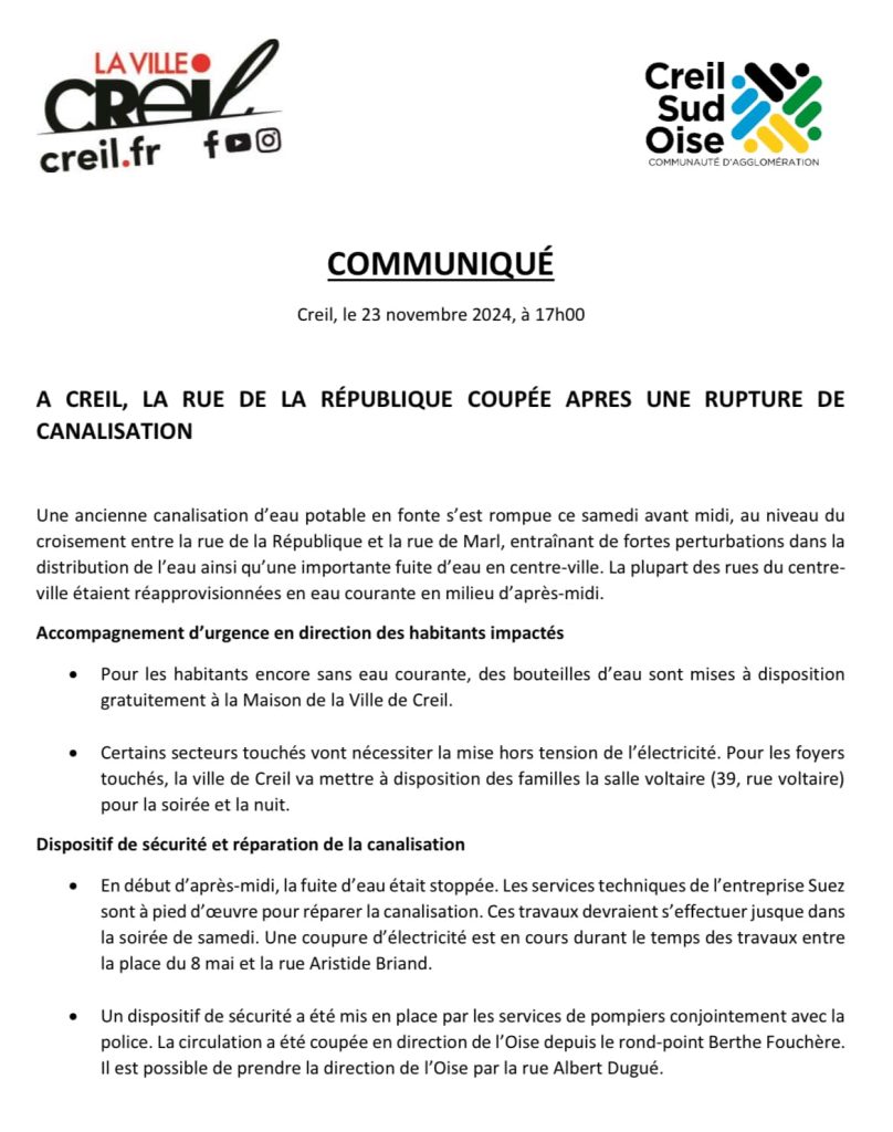 communique ville de creil canalisation